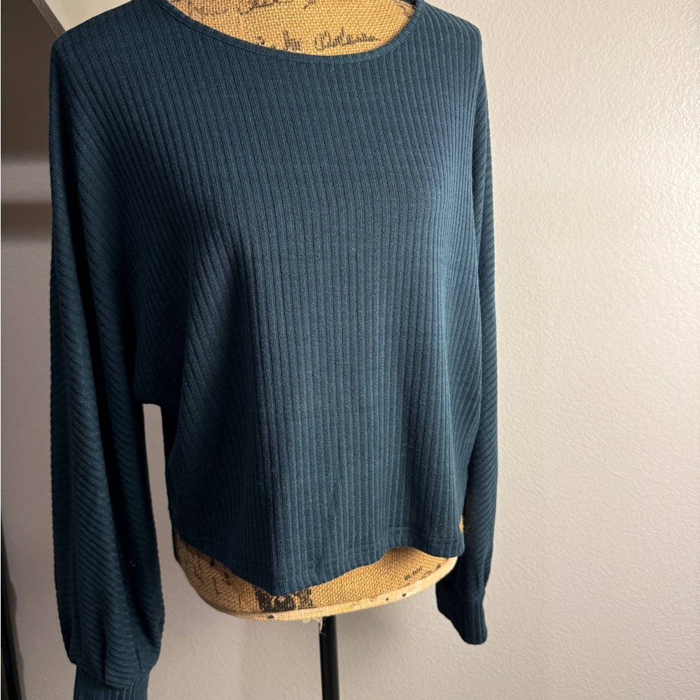SHEIN Ribbed Long-Sleeve Top in Teal Blue